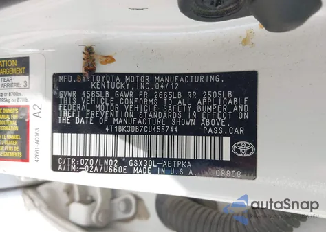 2012 Toyota Avalon Limited из США, поврежденный, VIN 4T1BK3DB7CU455744